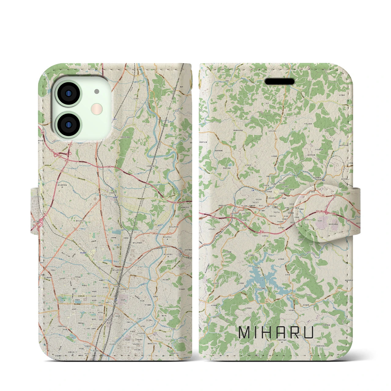 【三春(福島県)】地図柄iPhoneケース(手帳タイプ)ナチュラル・iPhone 12 mini 用