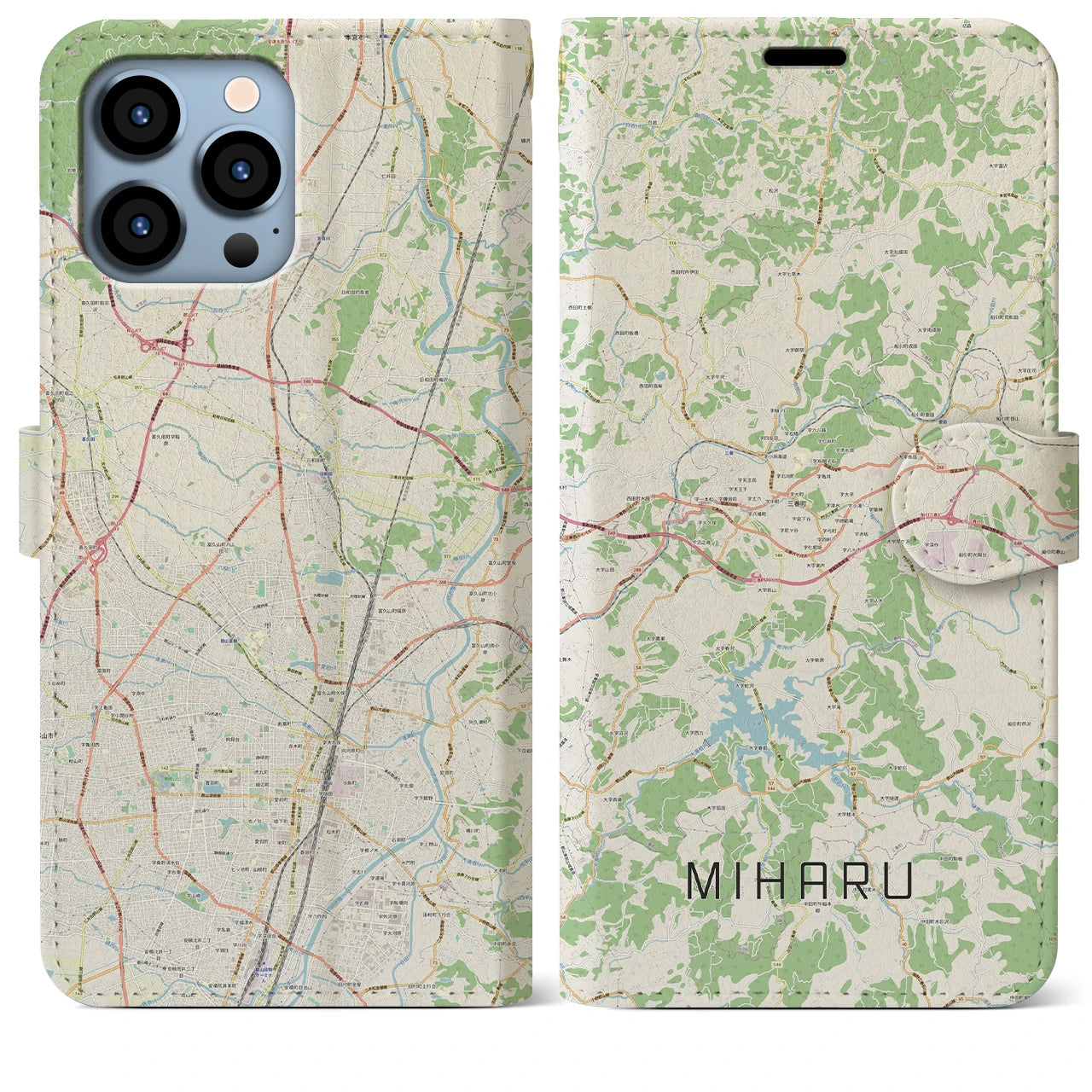 【三春(福島県)】地図柄iPhoneケース(手帳タイプ)ナチュラル・iPhone 13 Pro Max 用