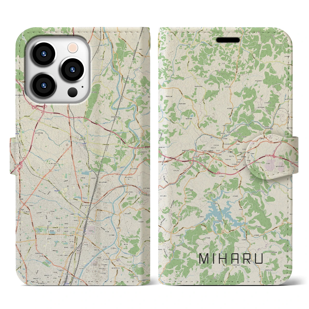 【三春(福島県)】地図柄iPhoneケース(手帳タイプ)ナチュラル・iPhone 13 Pro 用