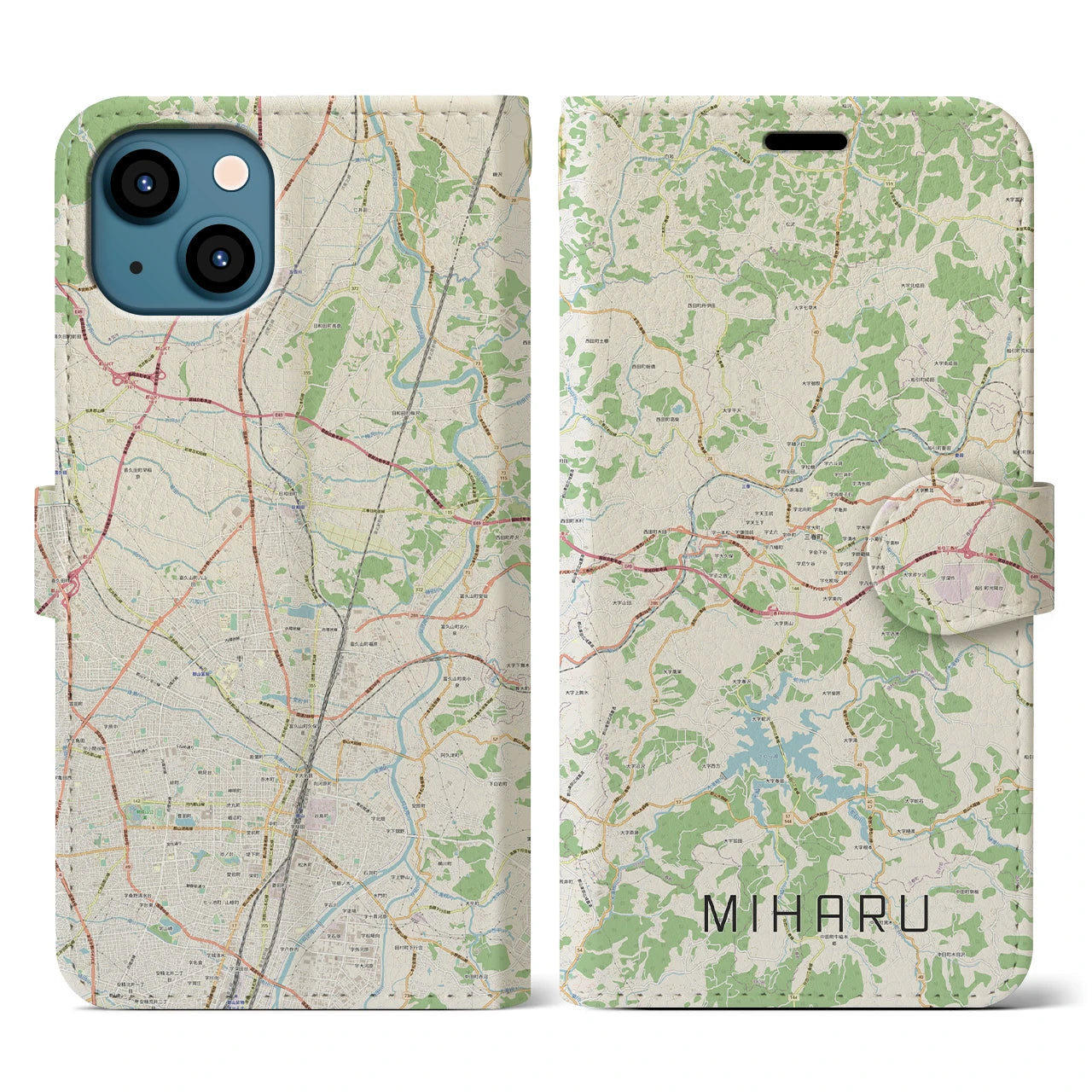 【三春(福島県)】地図柄iPhoneケース(手帳タイプ)ナチュラル・iPhone 13 用