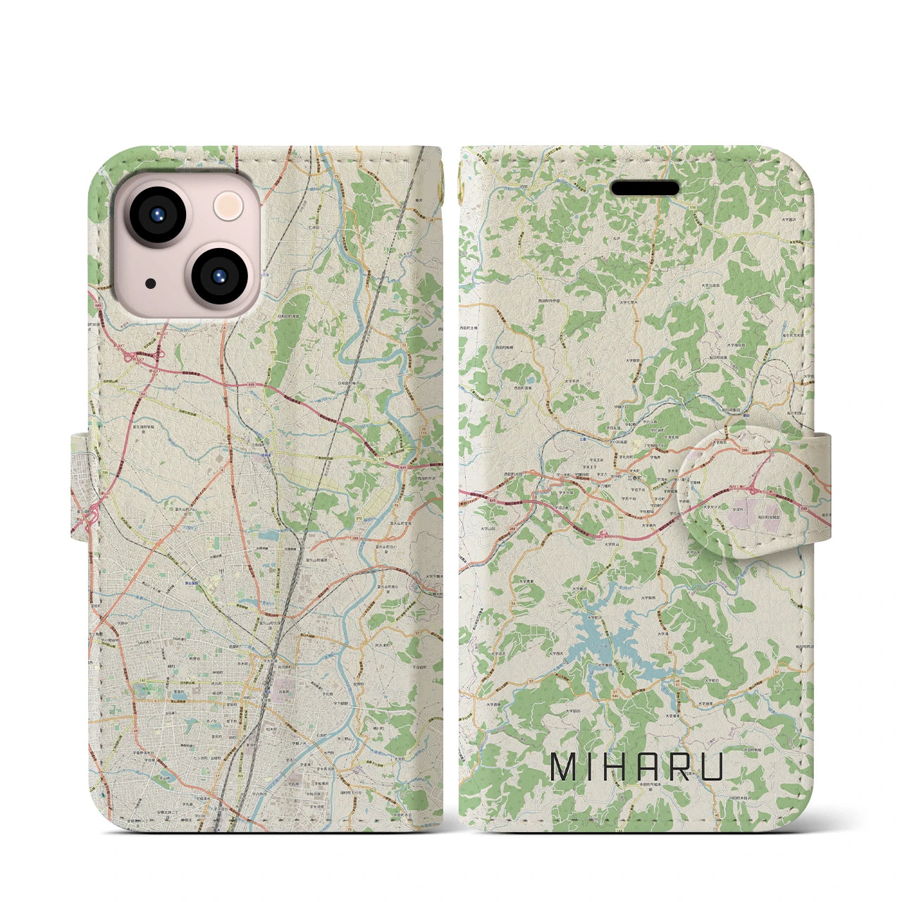 【三春(福島県)】地図柄iPhoneケース(手帳タイプ)ナチュラル・iPhone 13 mini 用
