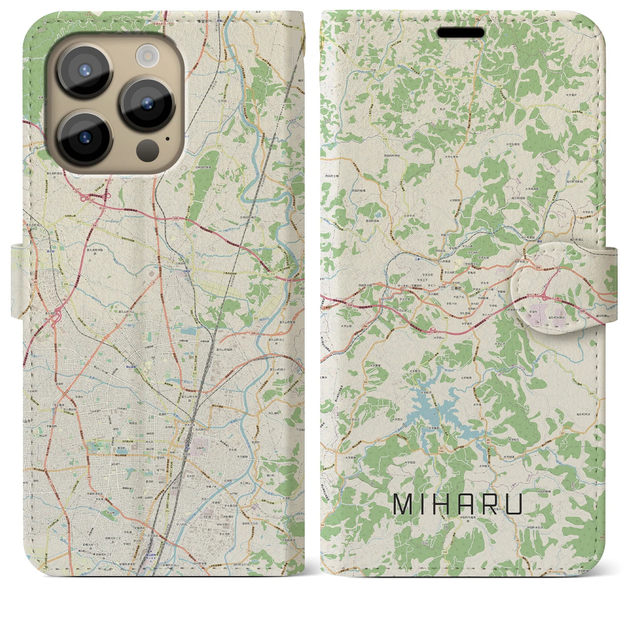 【三春(福島県)】地図柄iPhoneケース(手帳タイプ)ナチュラル・iPhone 14 Pro Max 用