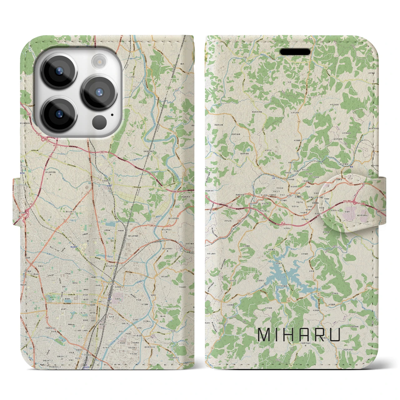 【三春(福島県)】地図柄iPhoneケース(手帳タイプ)ナチュラル・iPhone 14 Pro 用