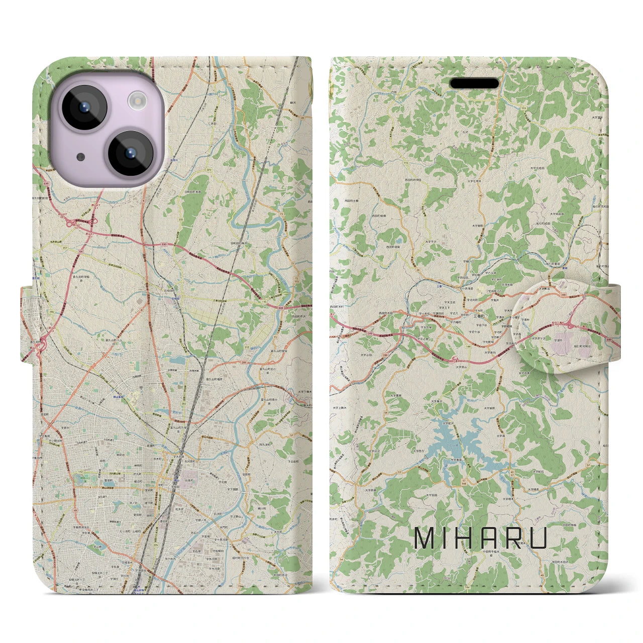 【三春(福島県)】地図柄iPhoneケース(手帳タイプ)ナチュラル・iPhone 14 用