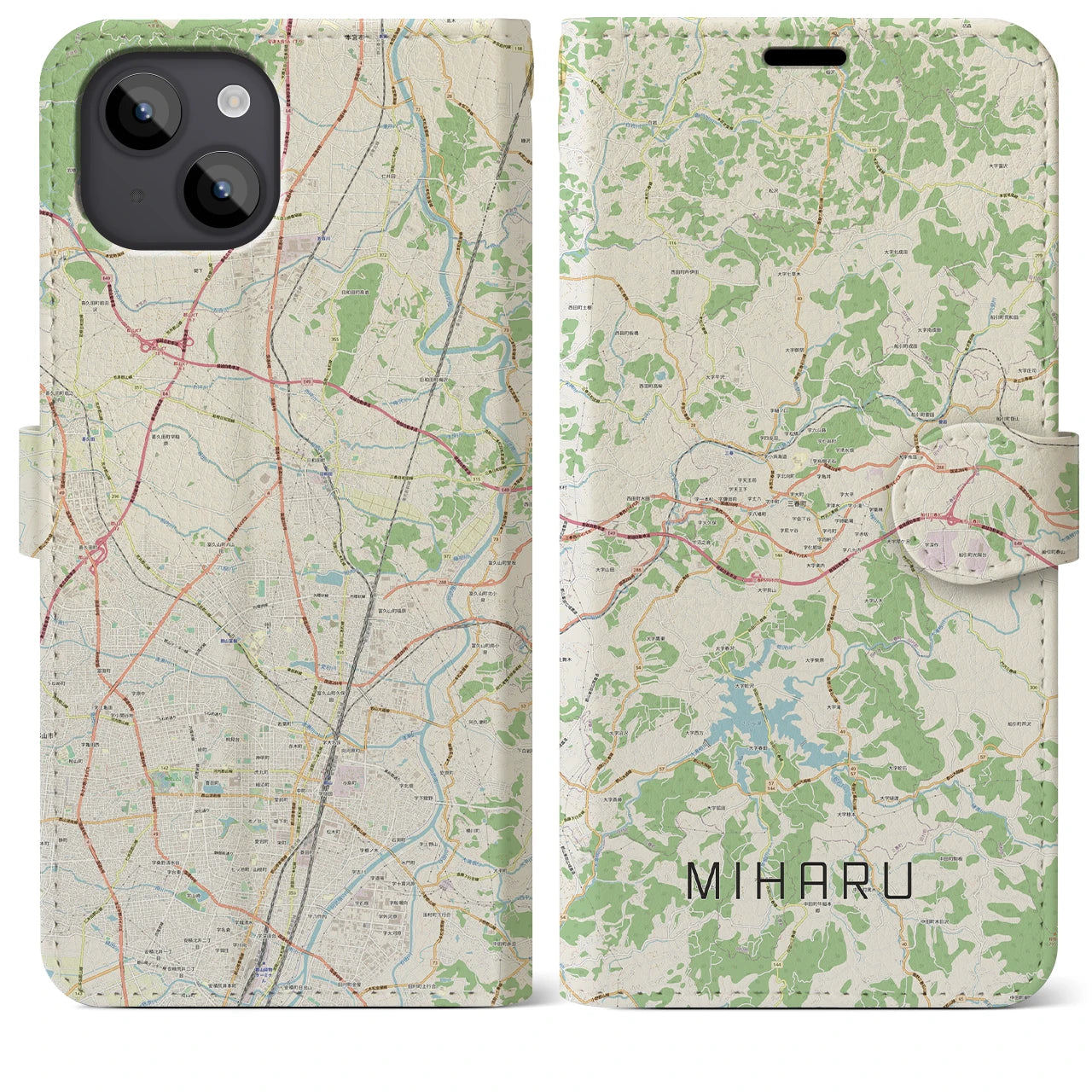 【三春(福島県)】地図柄iPhoneケース(手帳タイプ)ナチュラル・iPhone 14 Plus 用