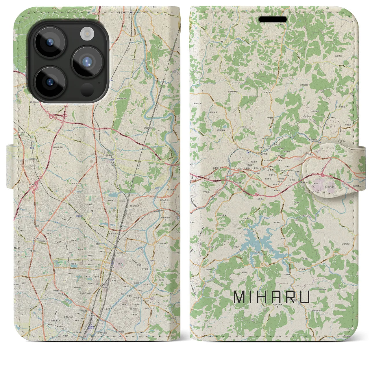 【三春(福島県)】地図柄iPhoneケース(手帳タイプ)ナチュラル・iPhone 15 Pro Max 用