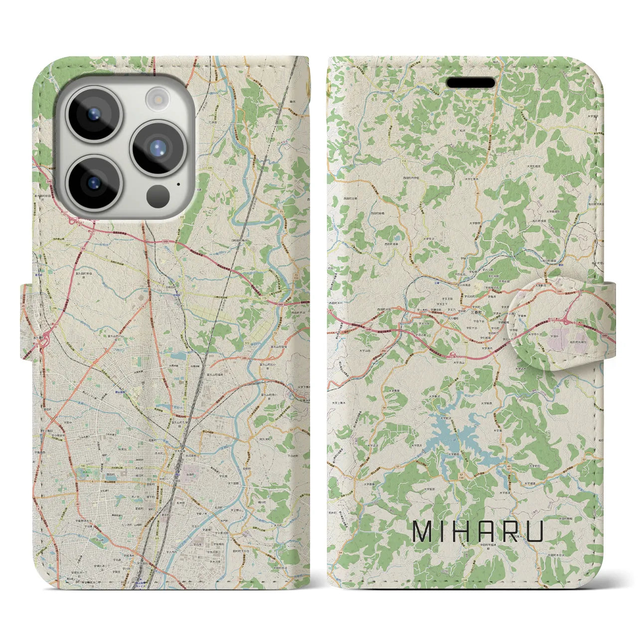 【三春(福島県)】地図柄iPhoneケース(手帳タイプ)ナチュラル・iPhone 15 Pro 用
