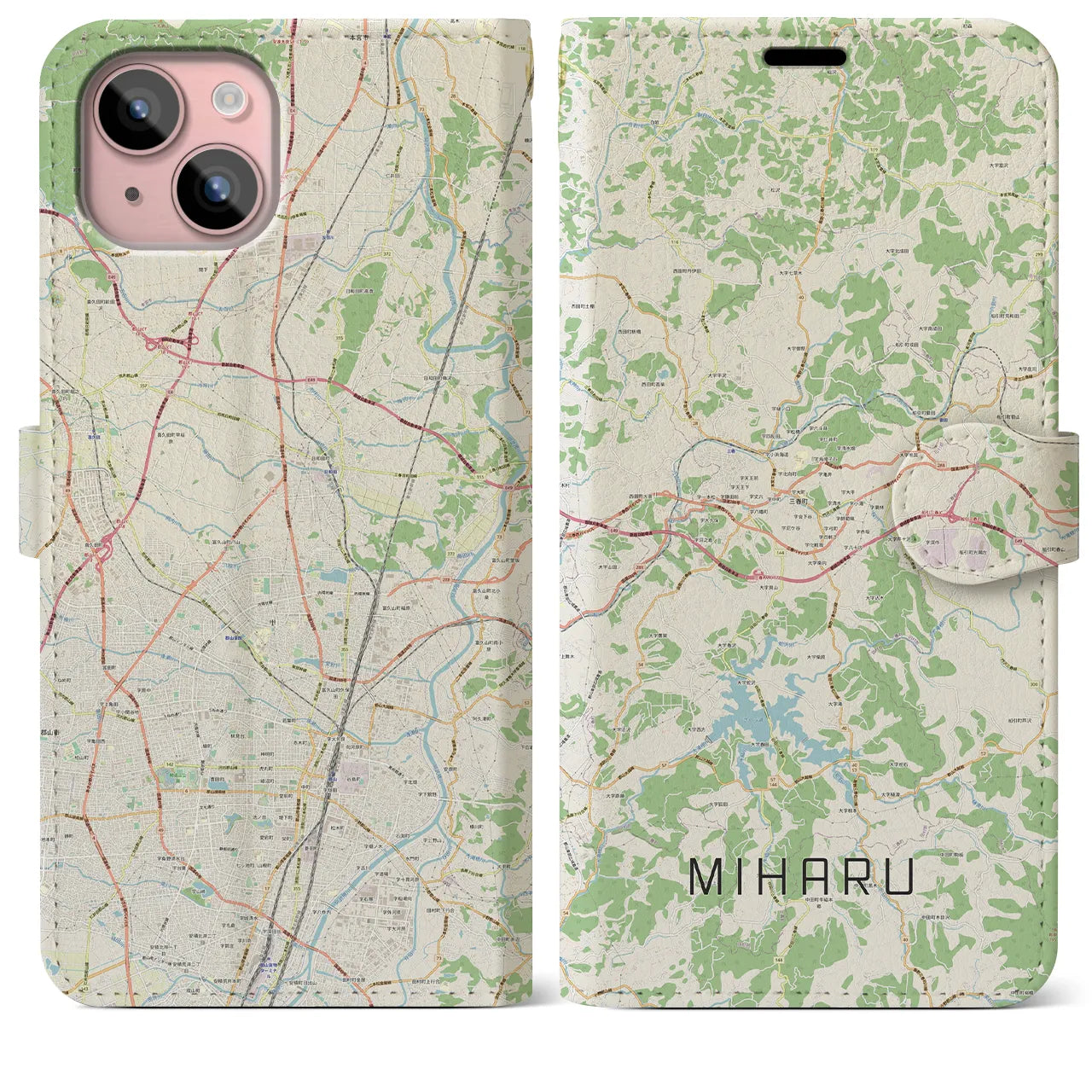 【三春(福島県)】地図柄iPhoneケース(手帳タイプ)ナチュラル・iPhone 15 Plus 用