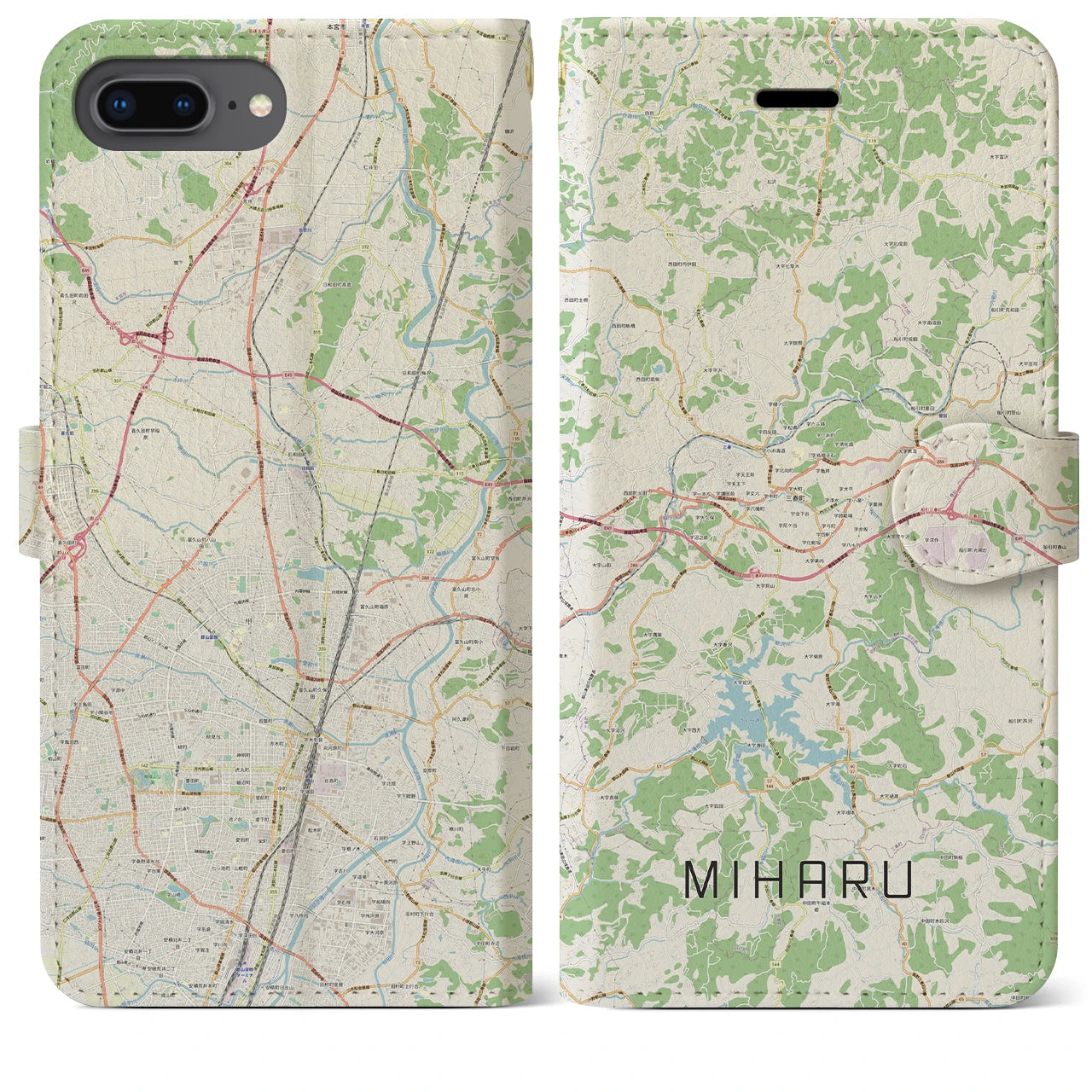 【三春(福島県)】地図柄iPhoneケース(手帳タイプ)ナチュラル・iPhone 8Plus /7Plus / 6sPlus / 6Plus 用