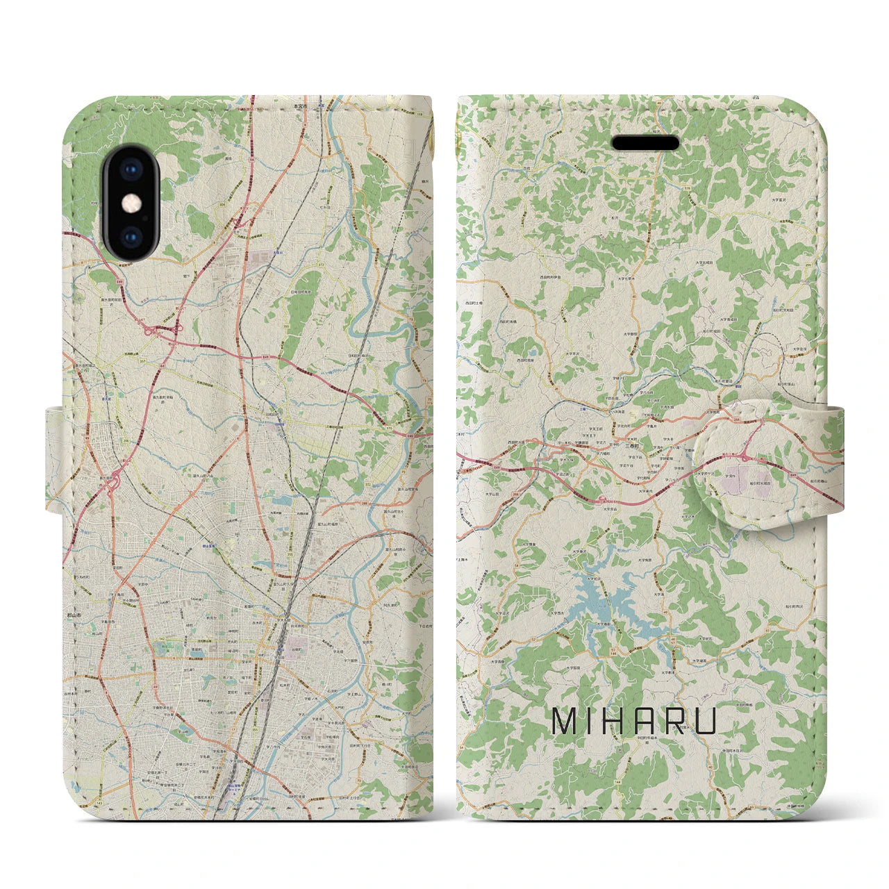 【三春(福島県)】地図柄iPhoneケース(手帳タイプ)ナチュラル・iPhone XS / X 用