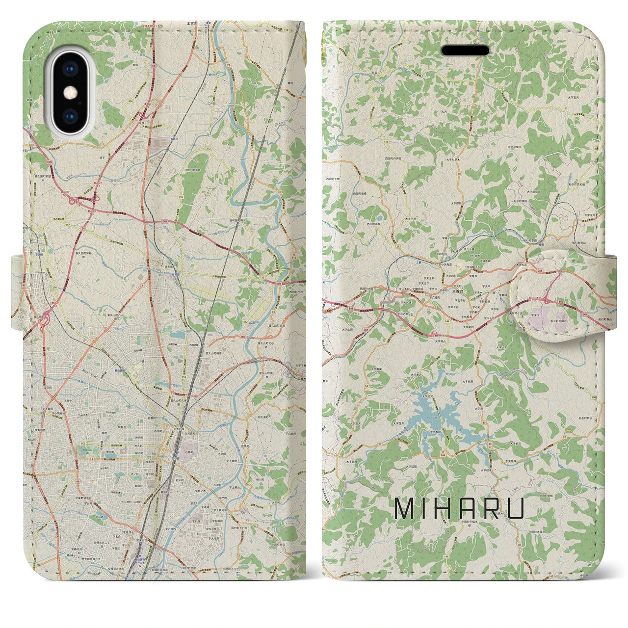 【三春(福島県)】地図柄iPhoneケース(手帳タイプ)ナチュラル・iPhone XS Max 用