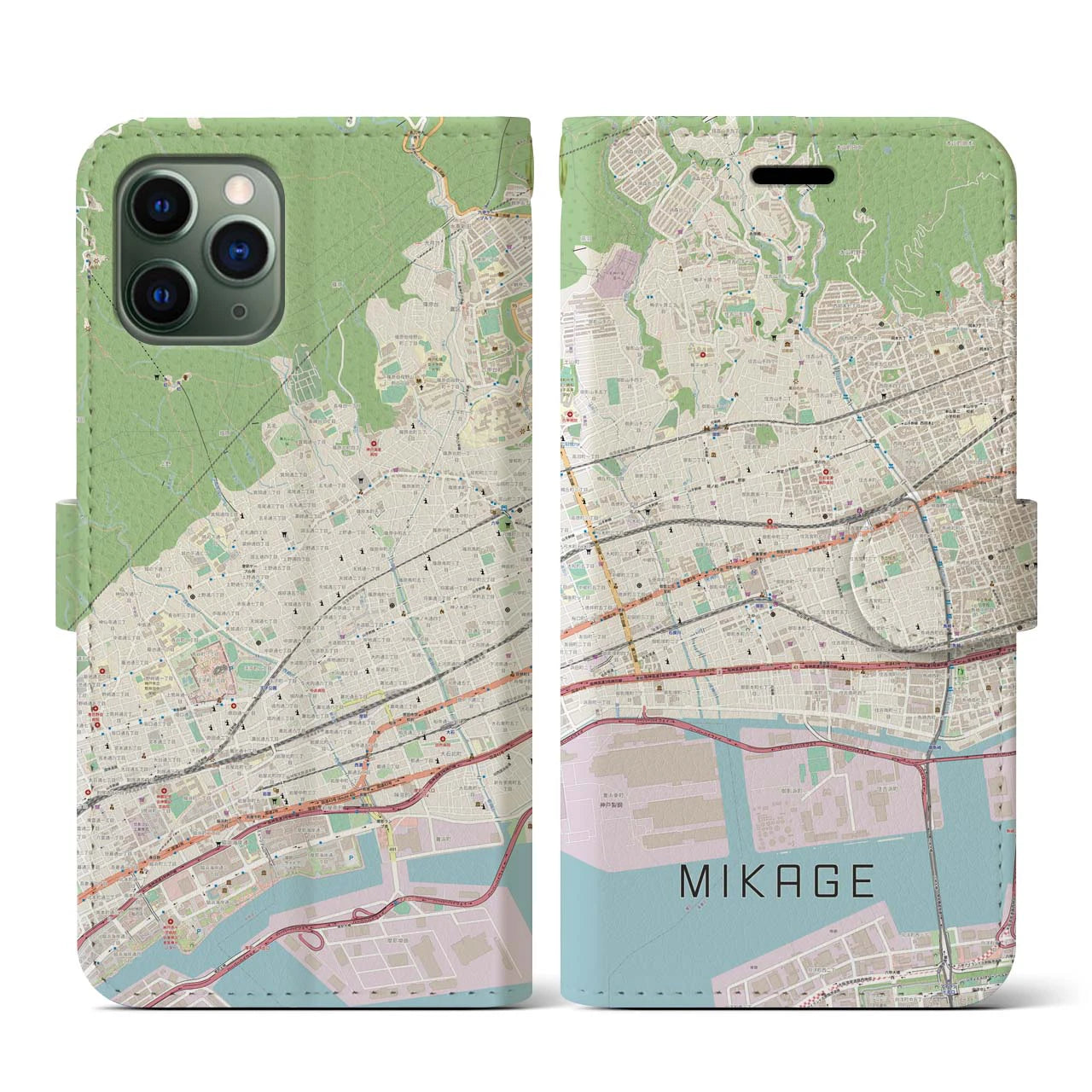 【御影(兵庫県)】地図柄iPhoneケース(手帳タイプ)ナチュラル・iPhone 11 Pro 用