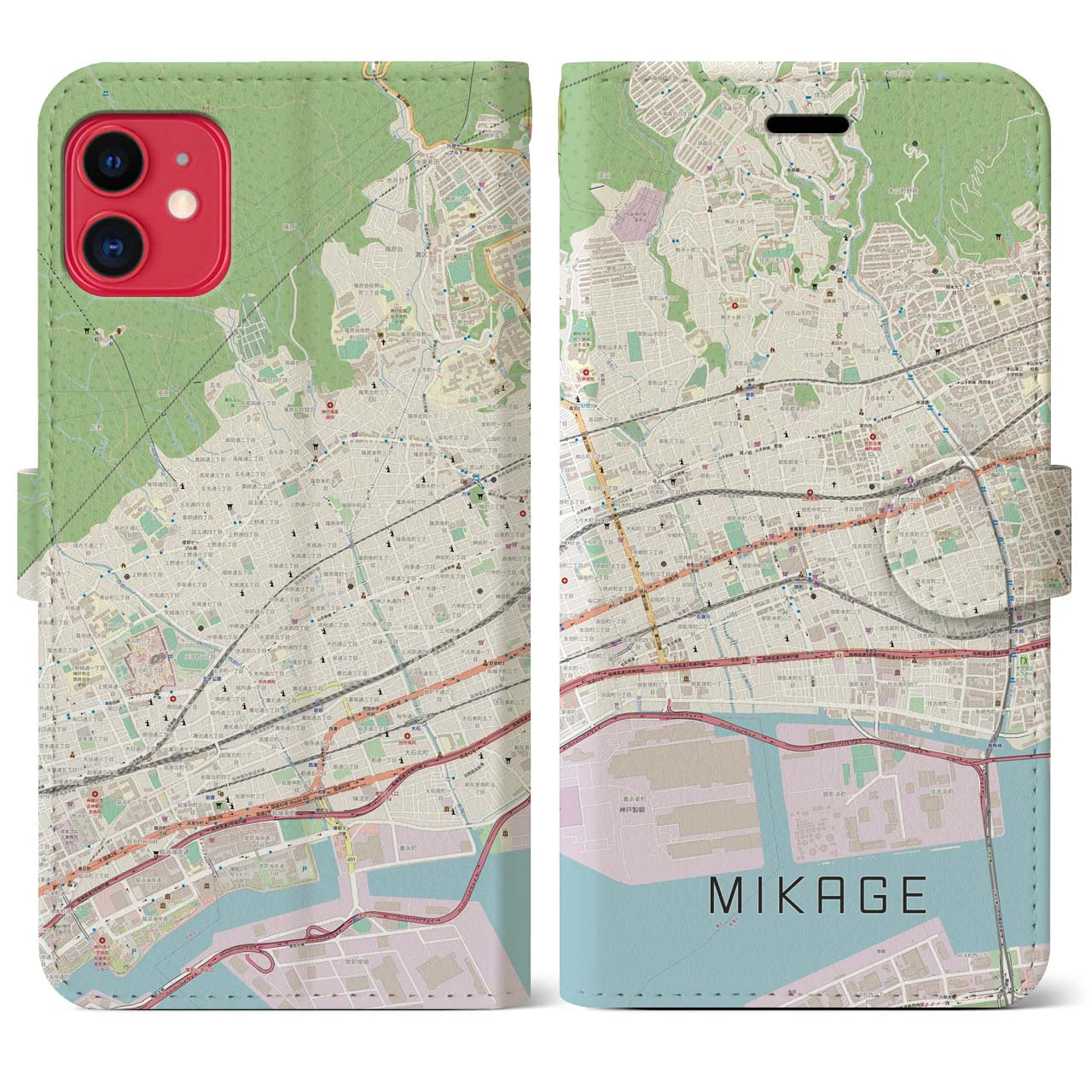 【御影(兵庫県)】地図柄iPhoneケース(手帳タイプ)ナチュラル・iPhone 11 用