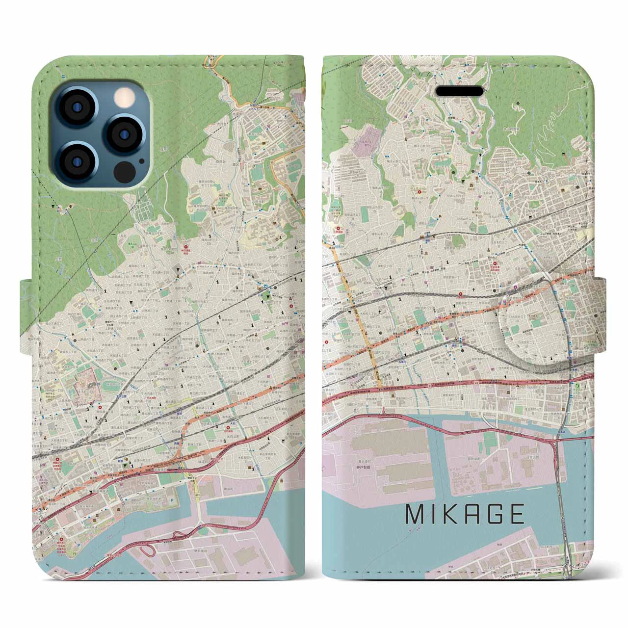 【御影(兵庫県)】地図柄iPhoneケース(手帳タイプ)ナチュラル・iPhone 12 / 12 Pro 用