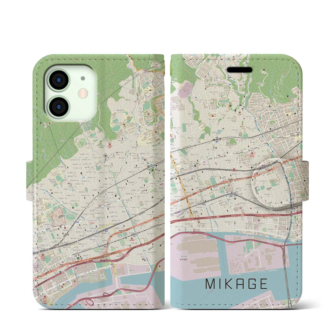 【御影(兵庫県)】地図柄iPhoneケース(手帳タイプ)ナチュラル・iPhone 12 mini 用