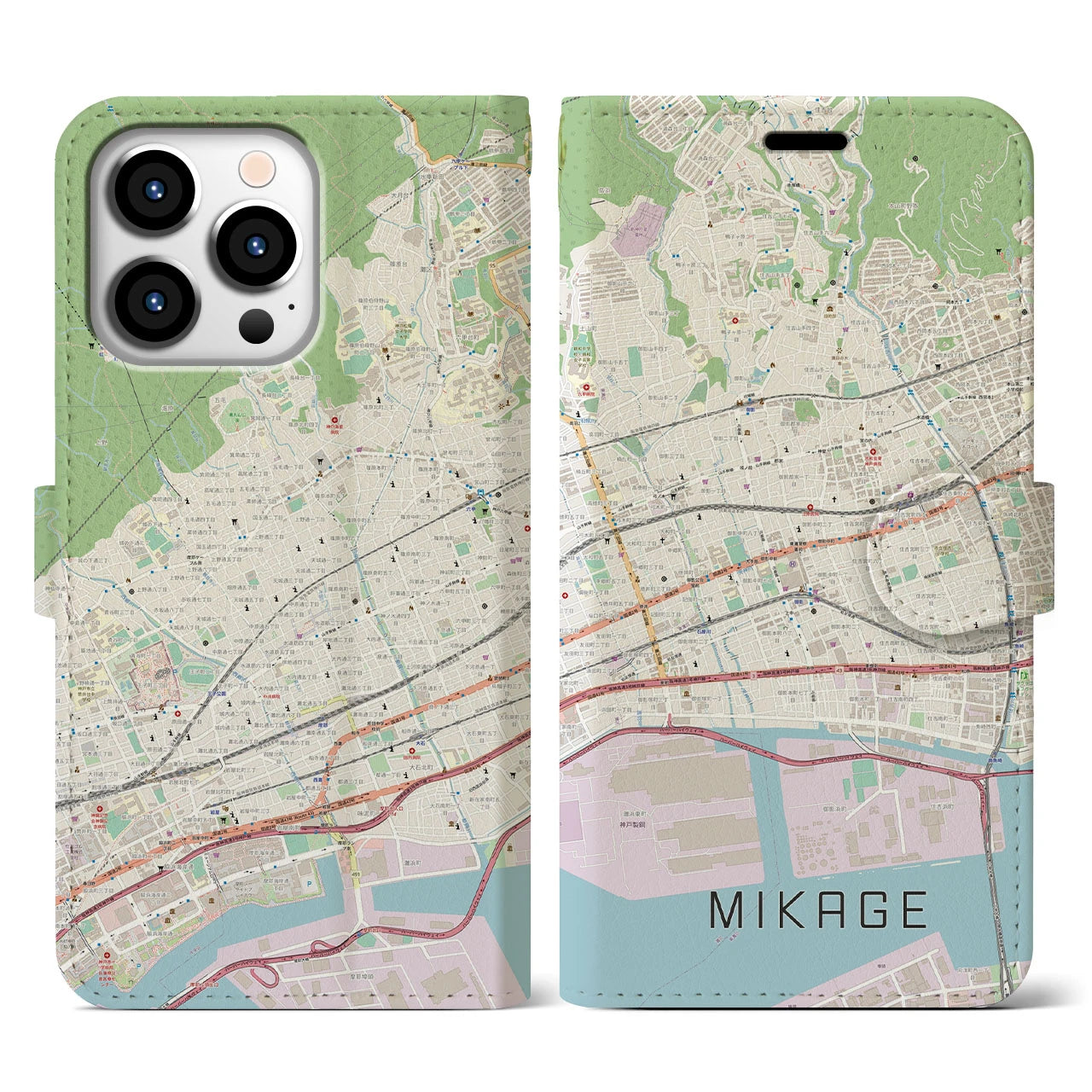 【御影(兵庫県)】地図柄iPhoneケース(手帳タイプ)ナチュラル・iPhone 13 Pro 用