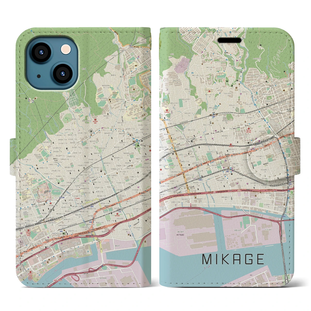 【御影(兵庫県)】地図柄iPhoneケース(手帳タイプ)ナチュラル・iPhone 13 用