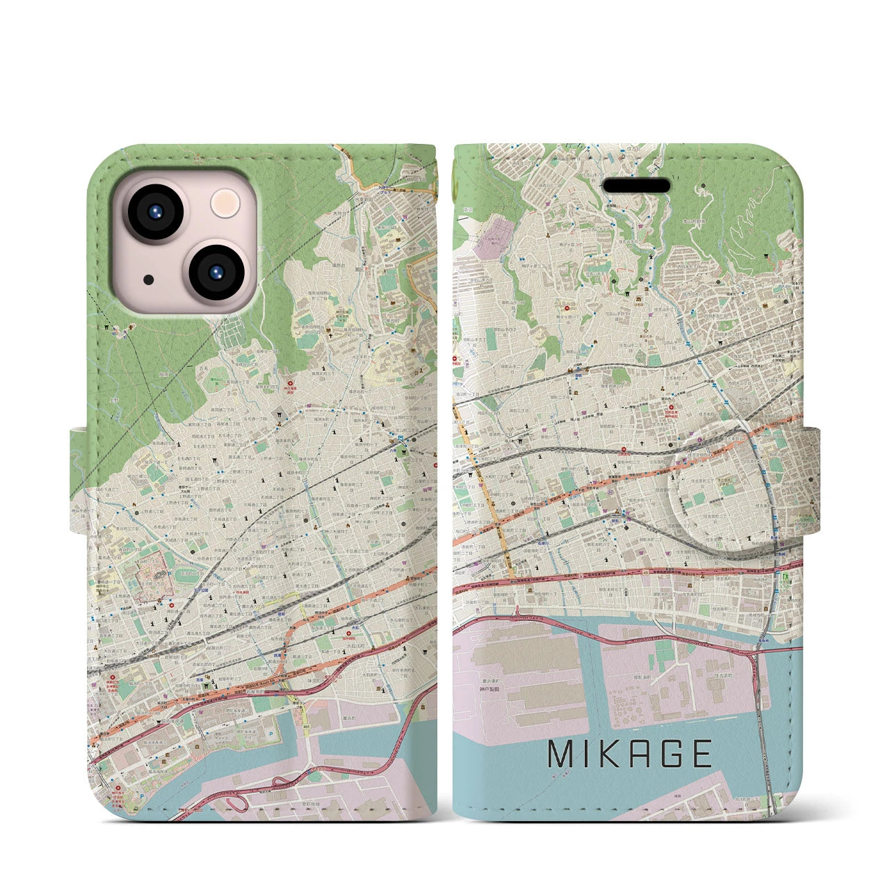 【御影(兵庫県)】地図柄iPhoneケース(手帳タイプ)ナチュラル・iPhone 13 mini 用