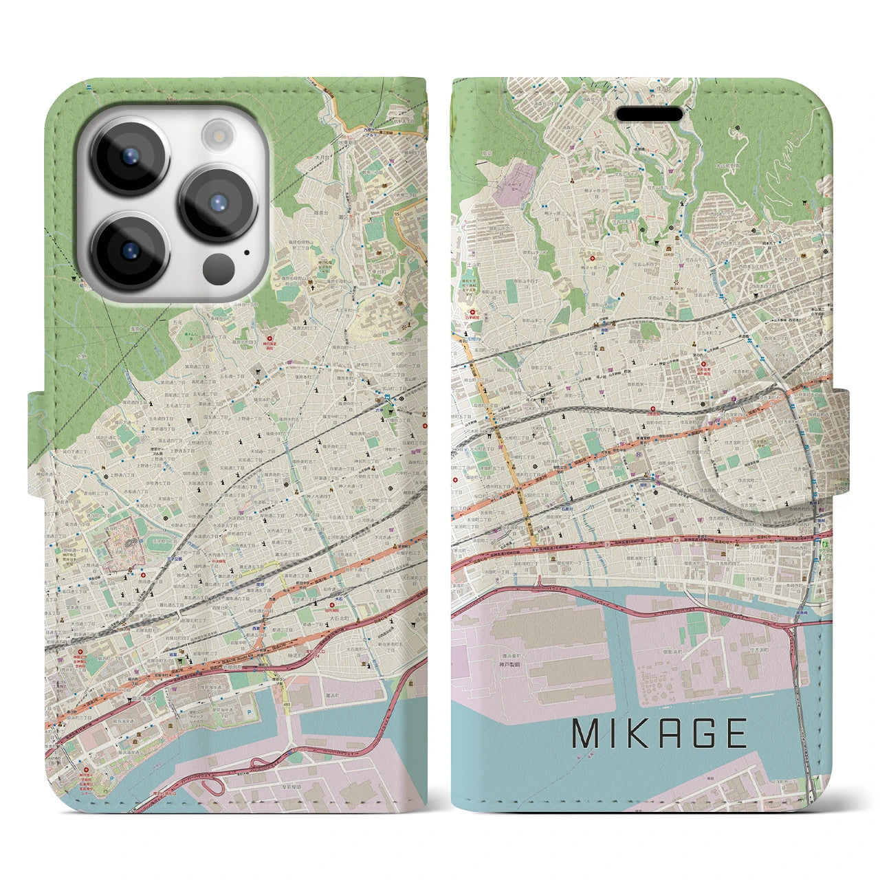 【御影(兵庫県)】地図柄iPhoneケース(手帳タイプ)ナチュラル・iPhone 14 Pro 用