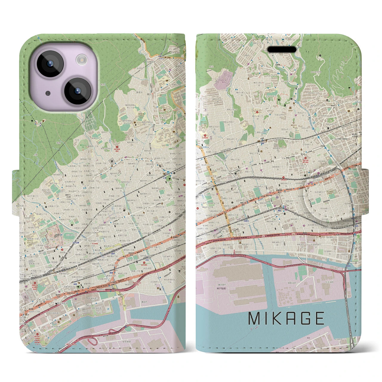 【御影(兵庫県)】地図柄iPhoneケース(手帳タイプ)ナチュラル・iPhone 14 用