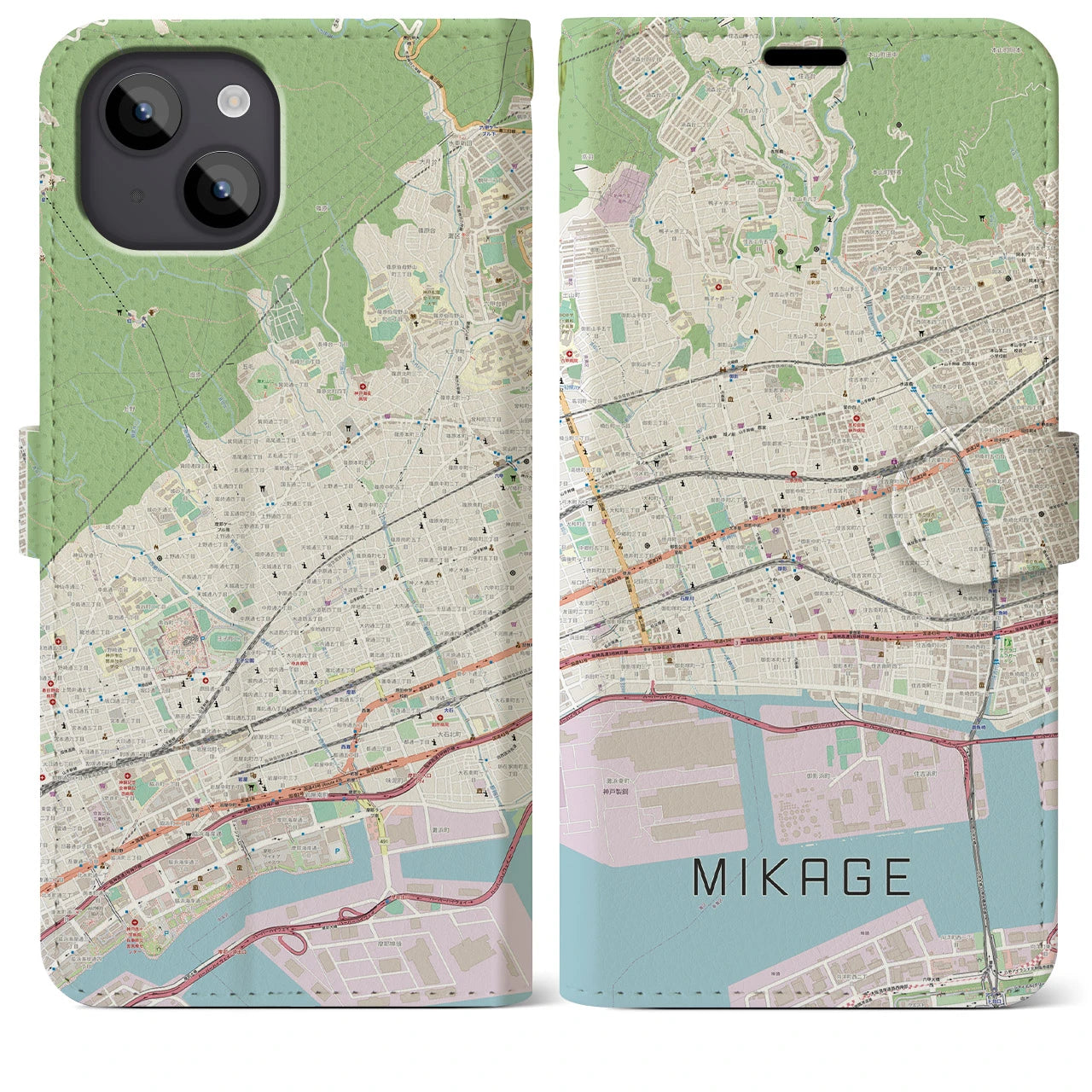 【御影(兵庫県)】地図柄iPhoneケース(手帳タイプ)ナチュラル・iPhone 14 Plus 用