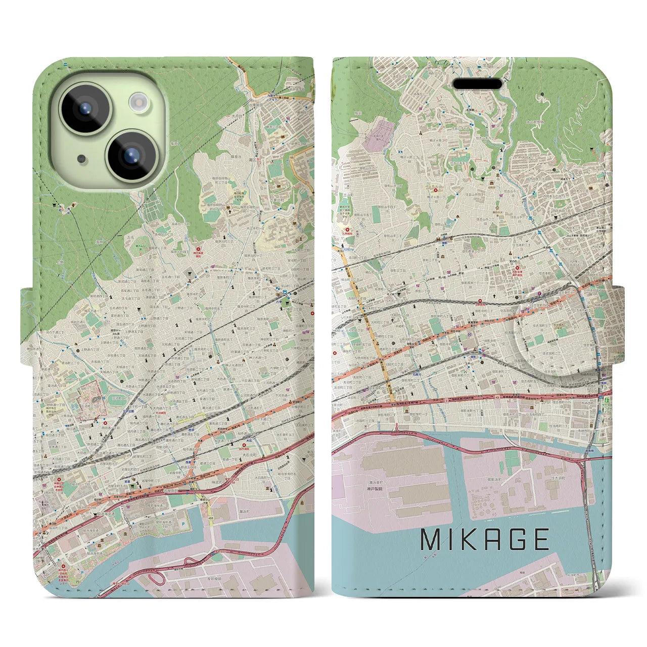 【御影(兵庫県)】地図柄iPhoneケース(手帳タイプ)ナチュラル・iPhone 15 用