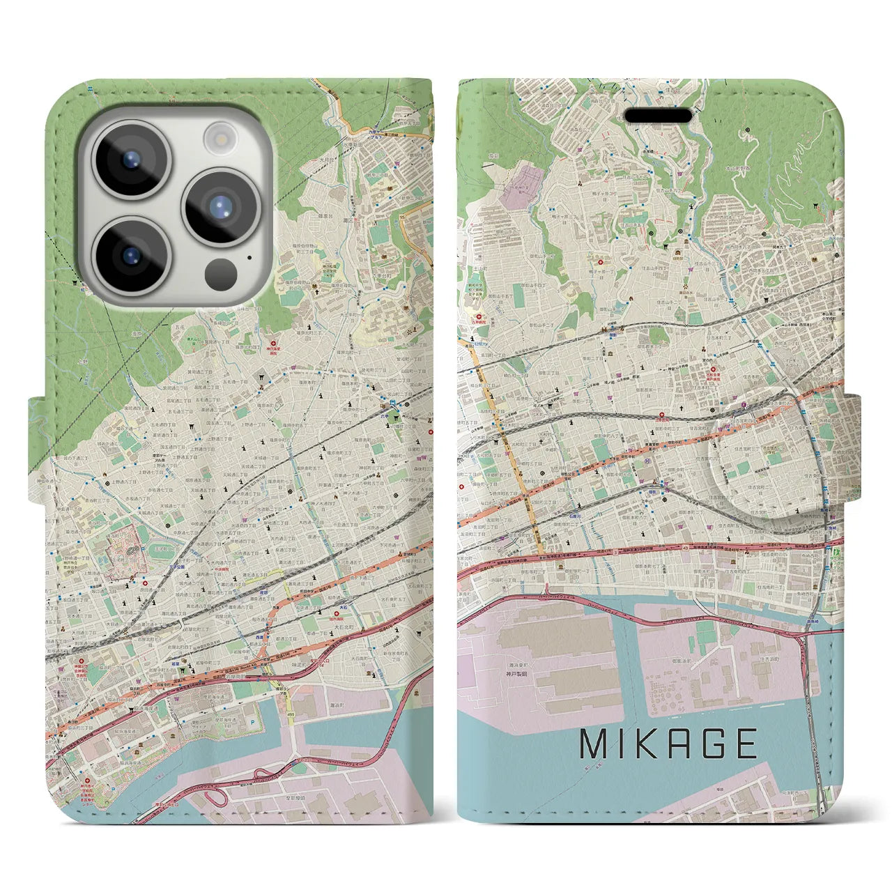 【御影(兵庫県)】地図柄iPhoneケース(手帳タイプ)ナチュラル・iPhone 15 Pro 用