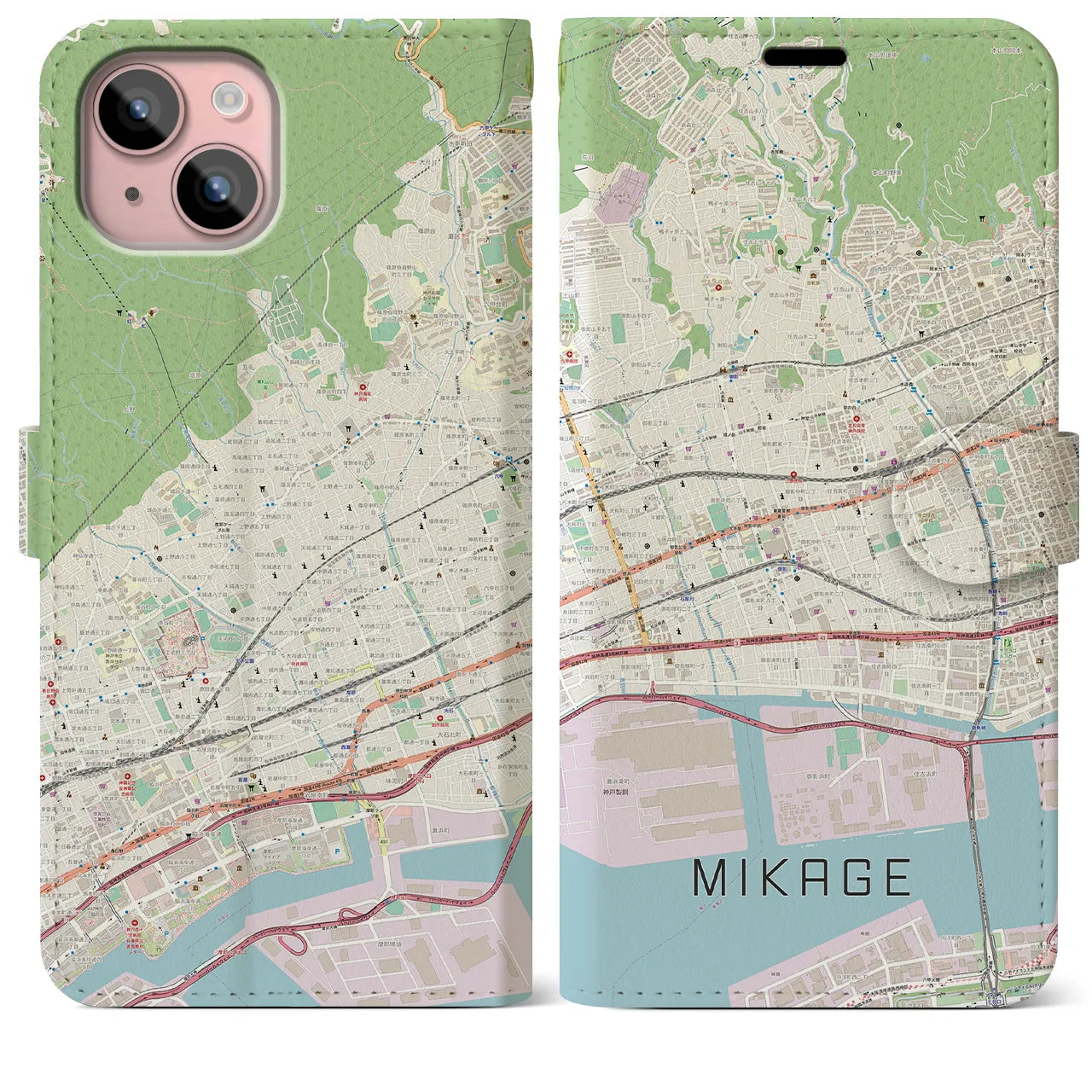 【御影(兵庫県)】地図柄iPhoneケース(手帳タイプ)ナチュラル・iPhone 15 Plus 用