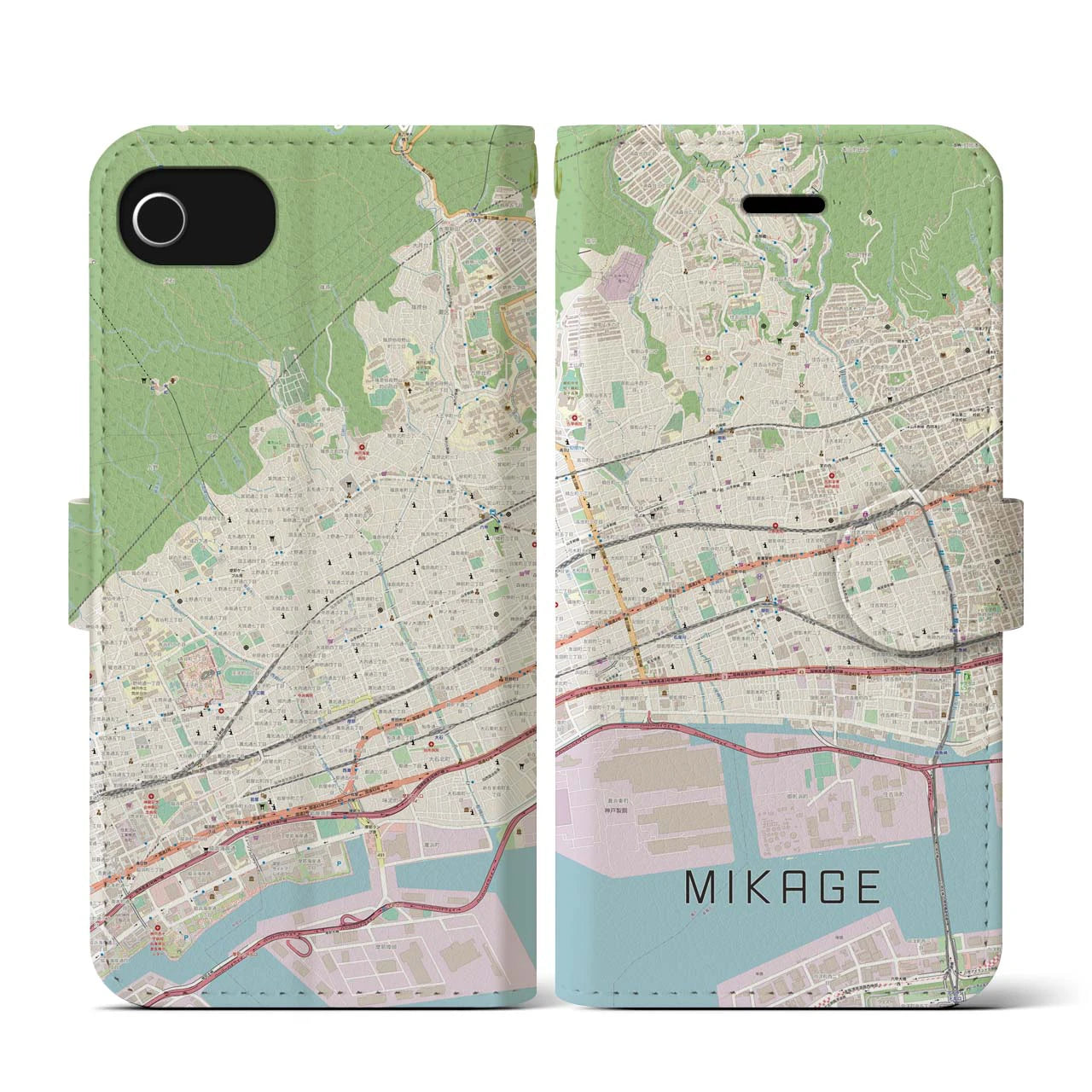 【御影(兵庫県)】地図柄iPhoneケース(手帳タイプ)ナチュラル・iPhone SE(第3 / 第2世代) / 8 / 7 / 6s / 6 用