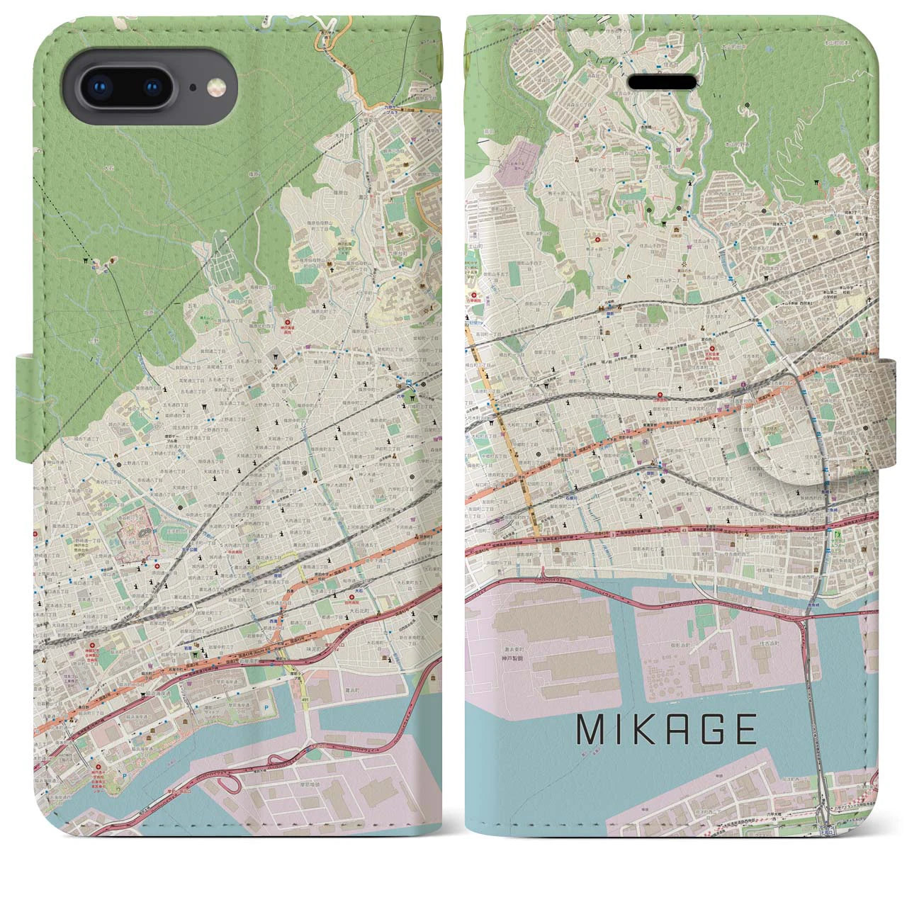 【御影(兵庫県)】地図柄iPhoneケース(手帳タイプ)ナチュラル・iPhone 8Plus /7Plus / 6sPlus / 6Plus 用