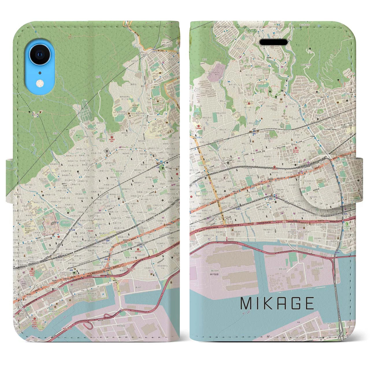 【御影(兵庫県)】地図柄iPhoneケース(手帳タイプ)ナチュラル・iPhone XR 用