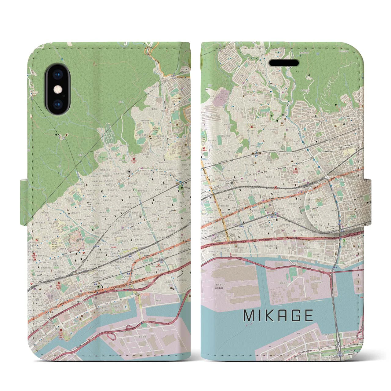 【御影(兵庫県)】地図柄iPhoneケース(手帳タイプ)ナチュラル・iPhone XS / X 用