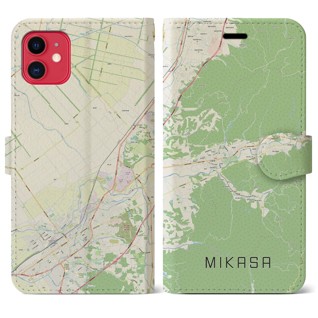 【三笠(北海道)】地図柄iPhoneケース(手帳タイプ)ナチュラル・iPhone 11 用