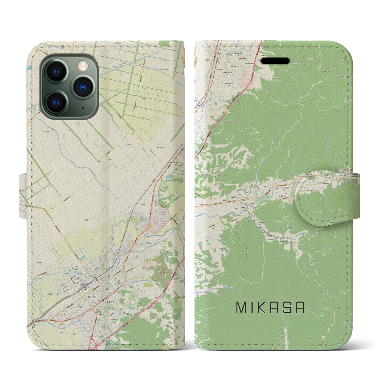【三笠(北海道)】地図柄iPhoneケース(手帳タイプ)ナチュラル・iPhone 11 Pro 用
