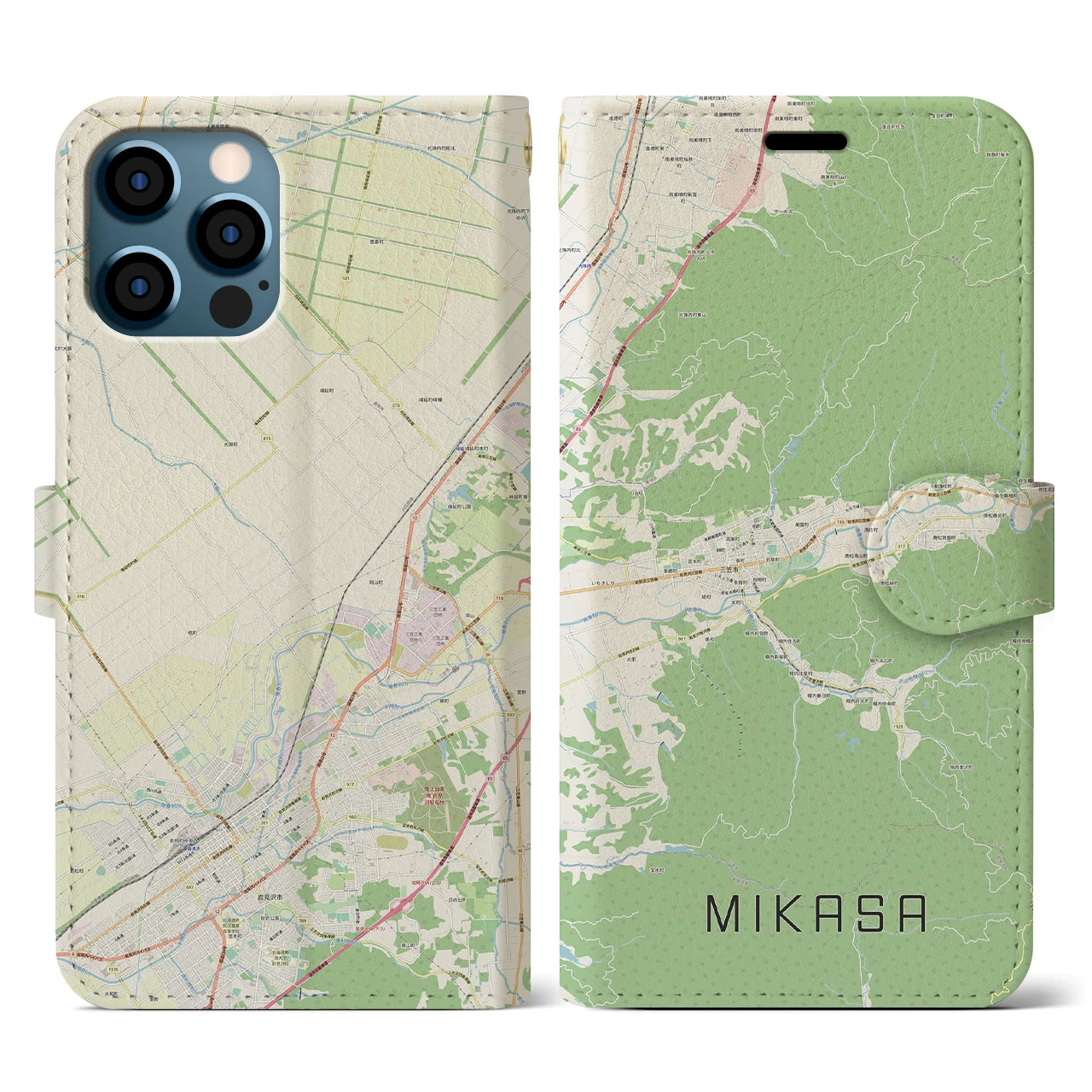 【三笠(北海道)】地図柄iPhoneケース(手帳タイプ)ナチュラル・iPhone 12 / 12 Pro 用