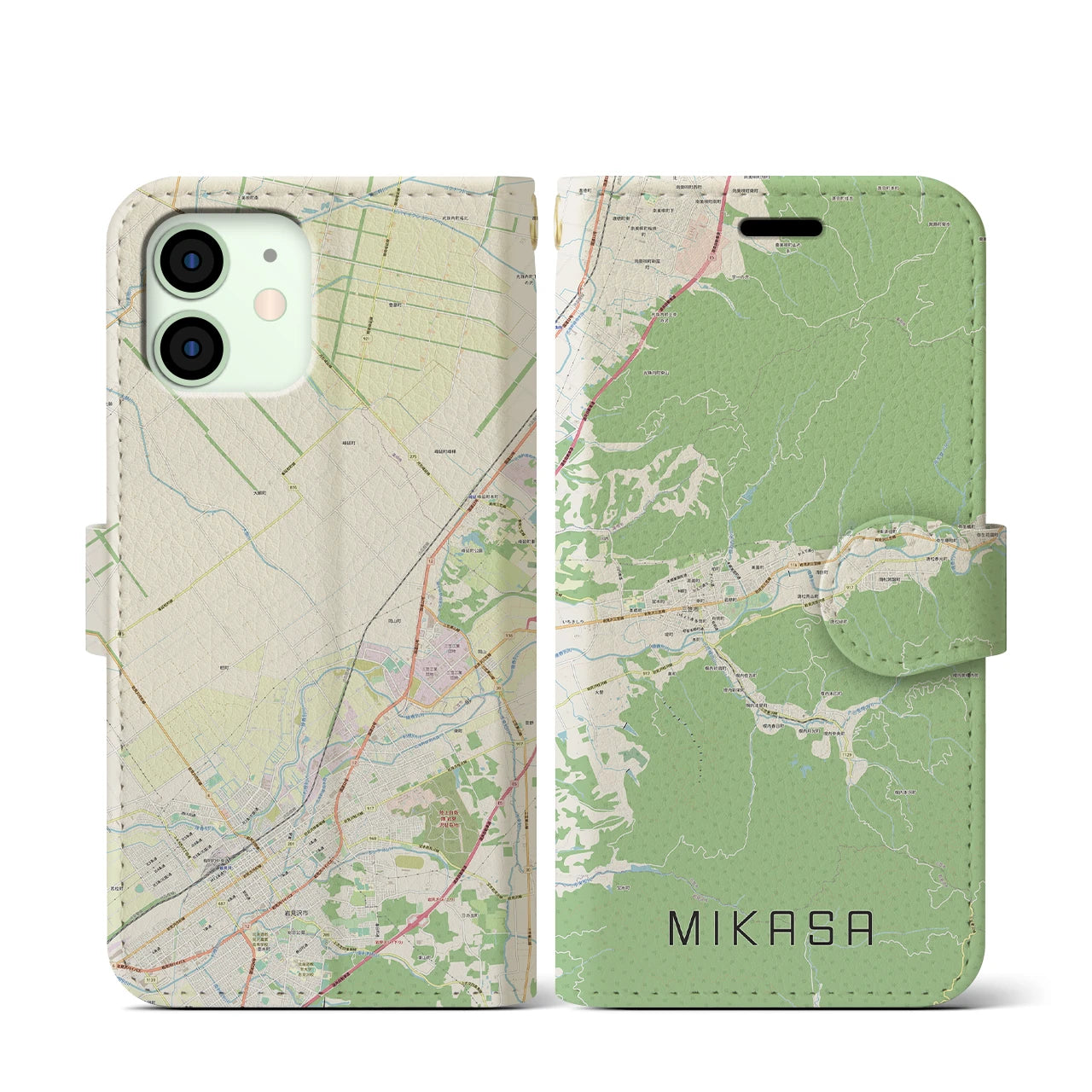 【三笠(北海道)】地図柄iPhoneケース(手帳タイプ)ナチュラル・iPhone 12 mini 用