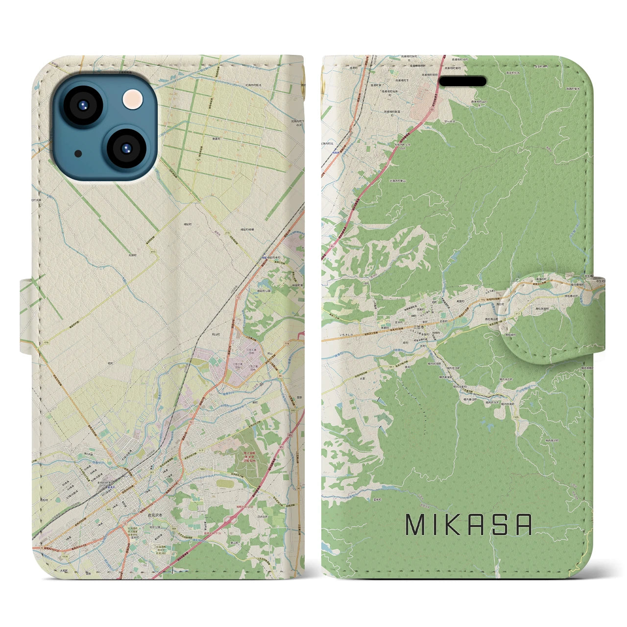 【三笠(北海道)】地図柄iPhoneケース(手帳タイプ)ナチュラル・iPhone 13 用