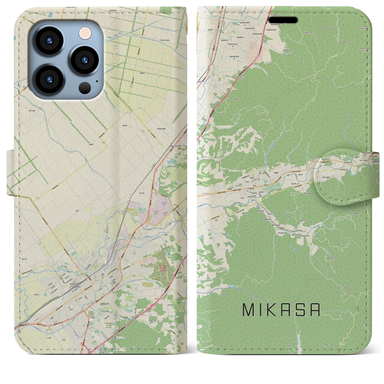 【三笠(北海道)】地図柄iPhoneケース(手帳タイプ)ナチュラル・iPhone 13 Pro Max 用