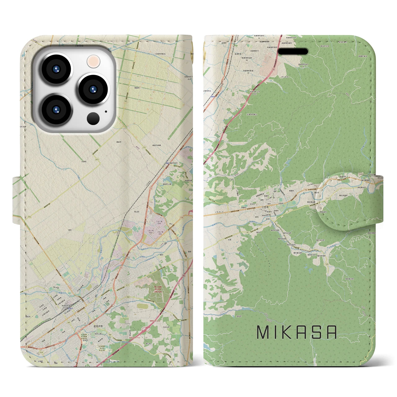 【三笠(北海道)】地図柄iPhoneケース(手帳タイプ)ナチュラル・iPhone 13 Pro 用