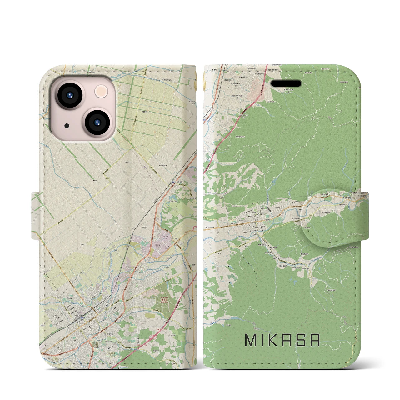 【三笠(北海道)】地図柄iPhoneケース(手帳タイプ)ナチュラル・iPhone 13 mini 用