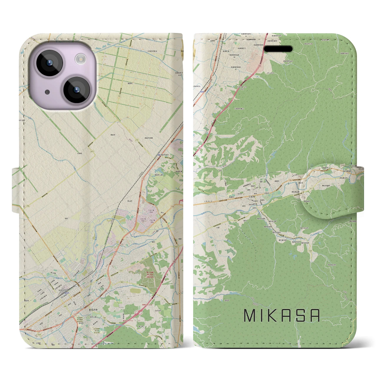 【三笠(北海道)】地図柄iPhoneケース(手帳タイプ)ナチュラル・iPhone 14 用