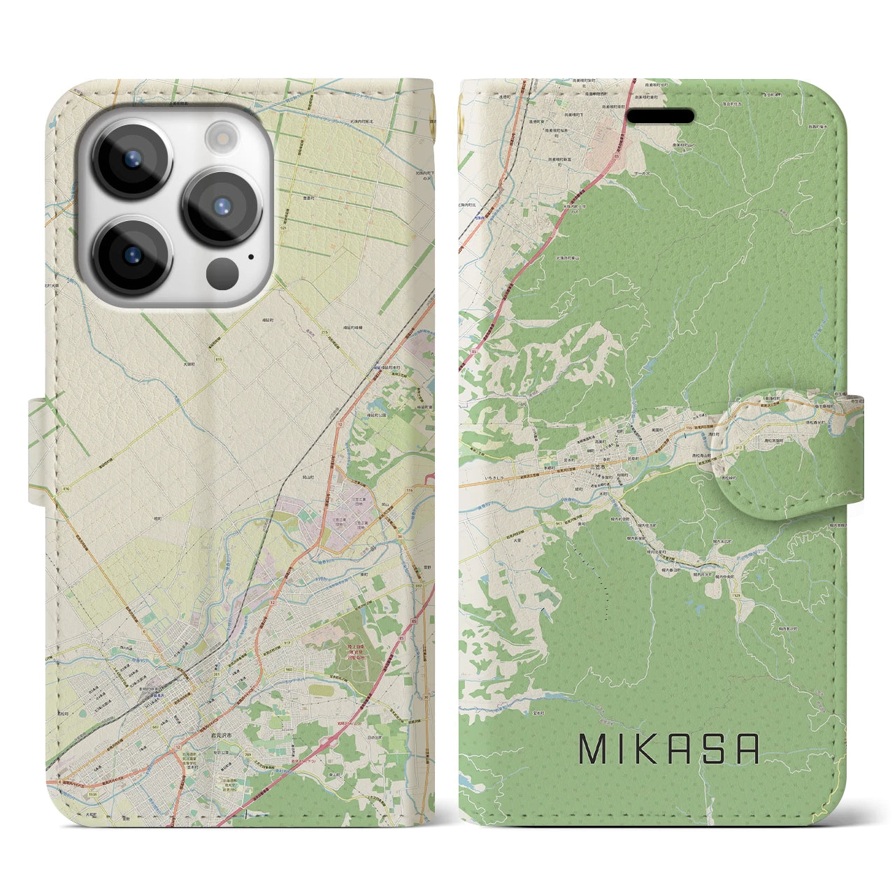 【三笠(北海道)】地図柄iPhoneケース(手帳タイプ)ナチュラル・iPhone 14 Pro 用