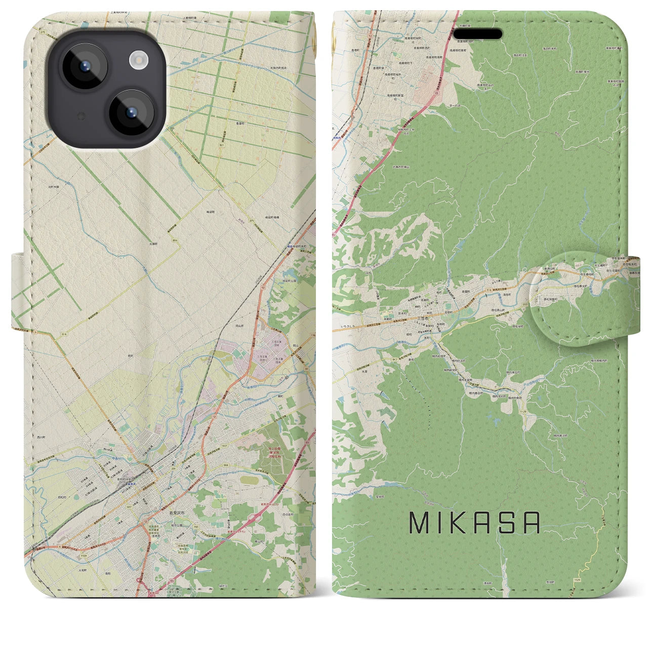 【三笠(北海道)】地図柄iPhoneケース(手帳タイプ)ナチュラル・iPhone 14 Plus 用