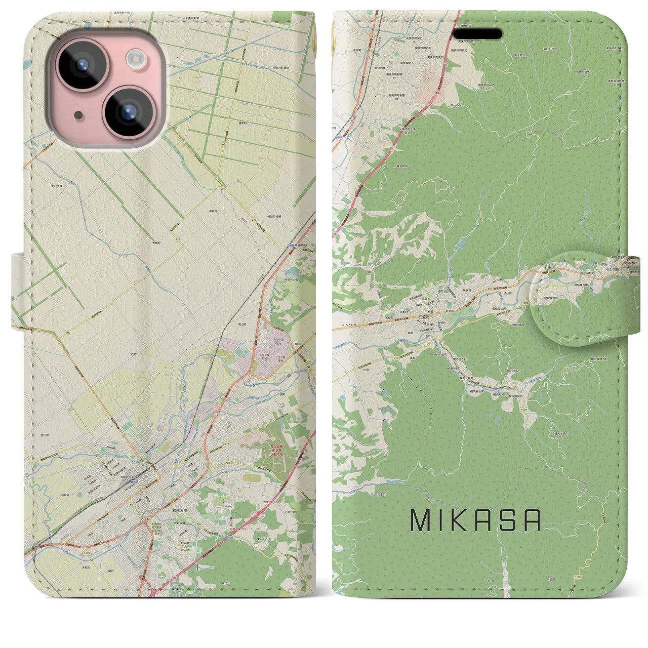 【三笠(北海道)】地図柄iPhoneケース(手帳タイプ)ナチュラル・iPhone 15 Plus 用