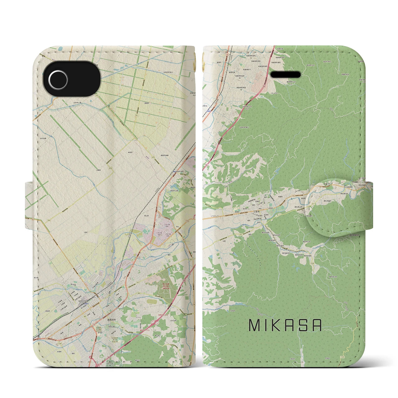 【三笠(北海道)】地図柄iPhoneケース(手帳タイプ)ナチュラル・iPhone SE(第3 / 第2世代) / 8 / 7 / 6s / 6 用