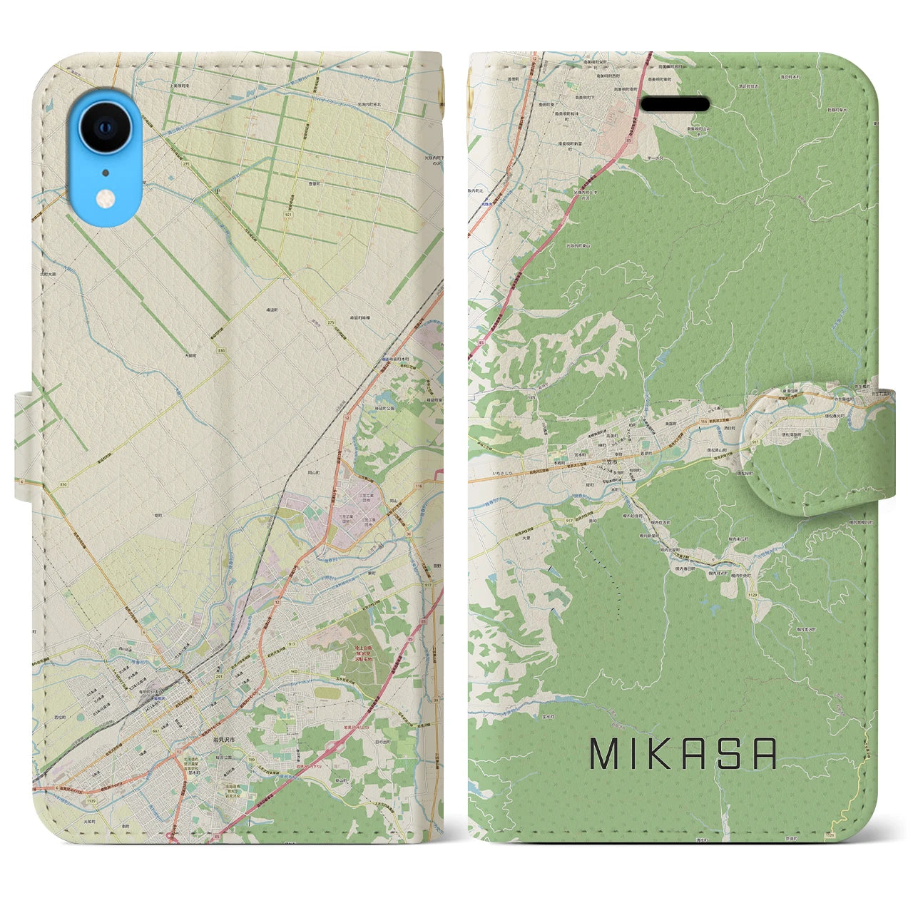 【三笠(北海道)】地図柄iPhoneケース(手帳タイプ)ナチュラル・iPhone XR 用