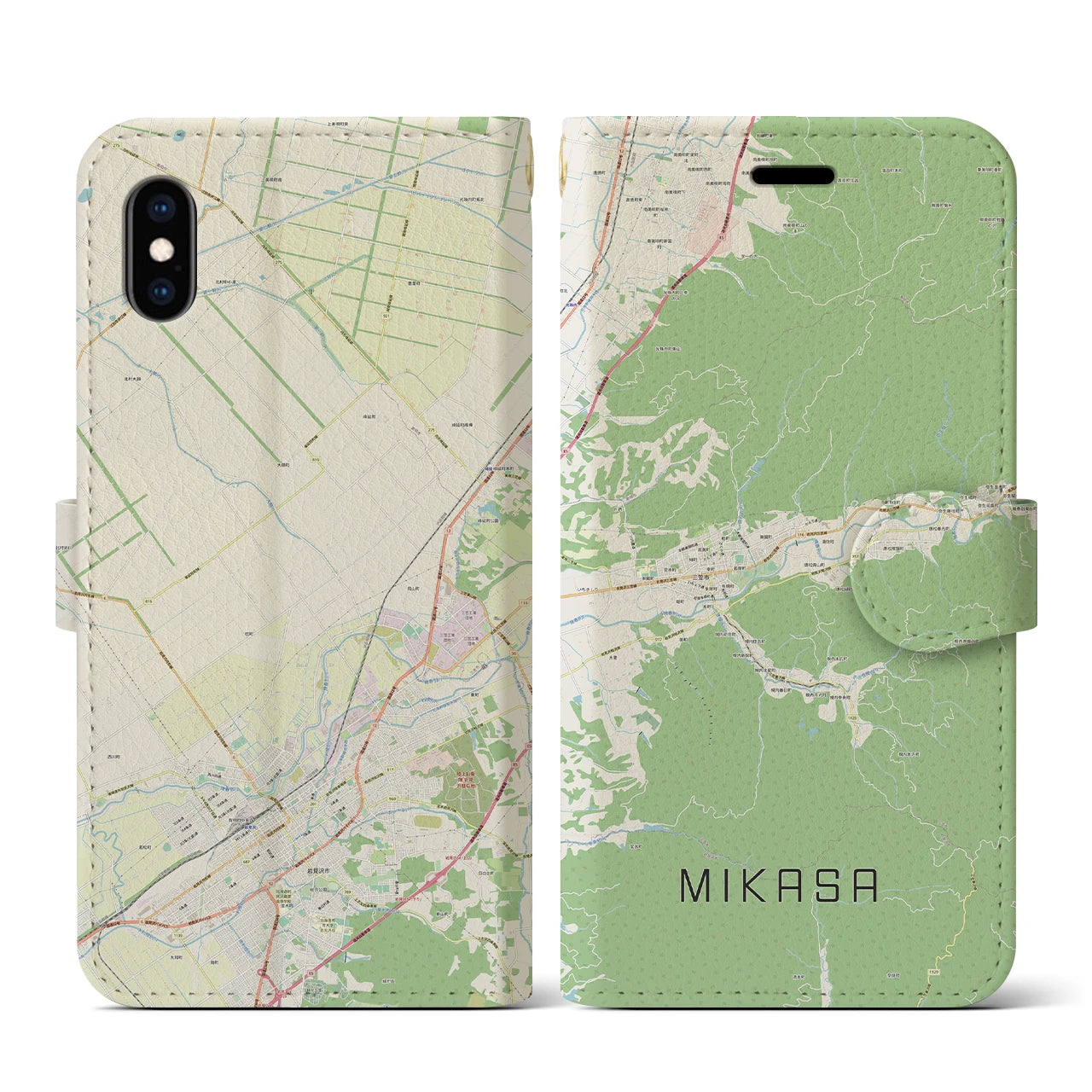 【三笠(北海道)】地図柄iPhoneケース(手帳タイプ)ナチュラル・iPhone XS / X 用