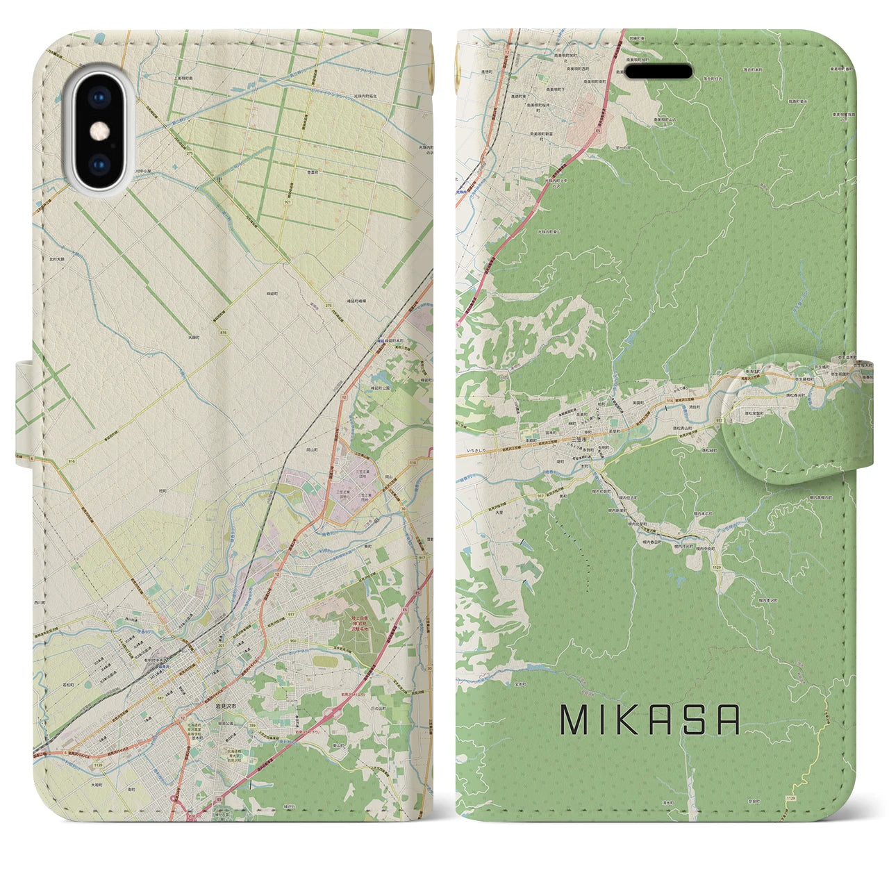 【三笠(北海道)】地図柄iPhoneケース(手帳タイプ)ナチュラル・iPhone XS Max 用