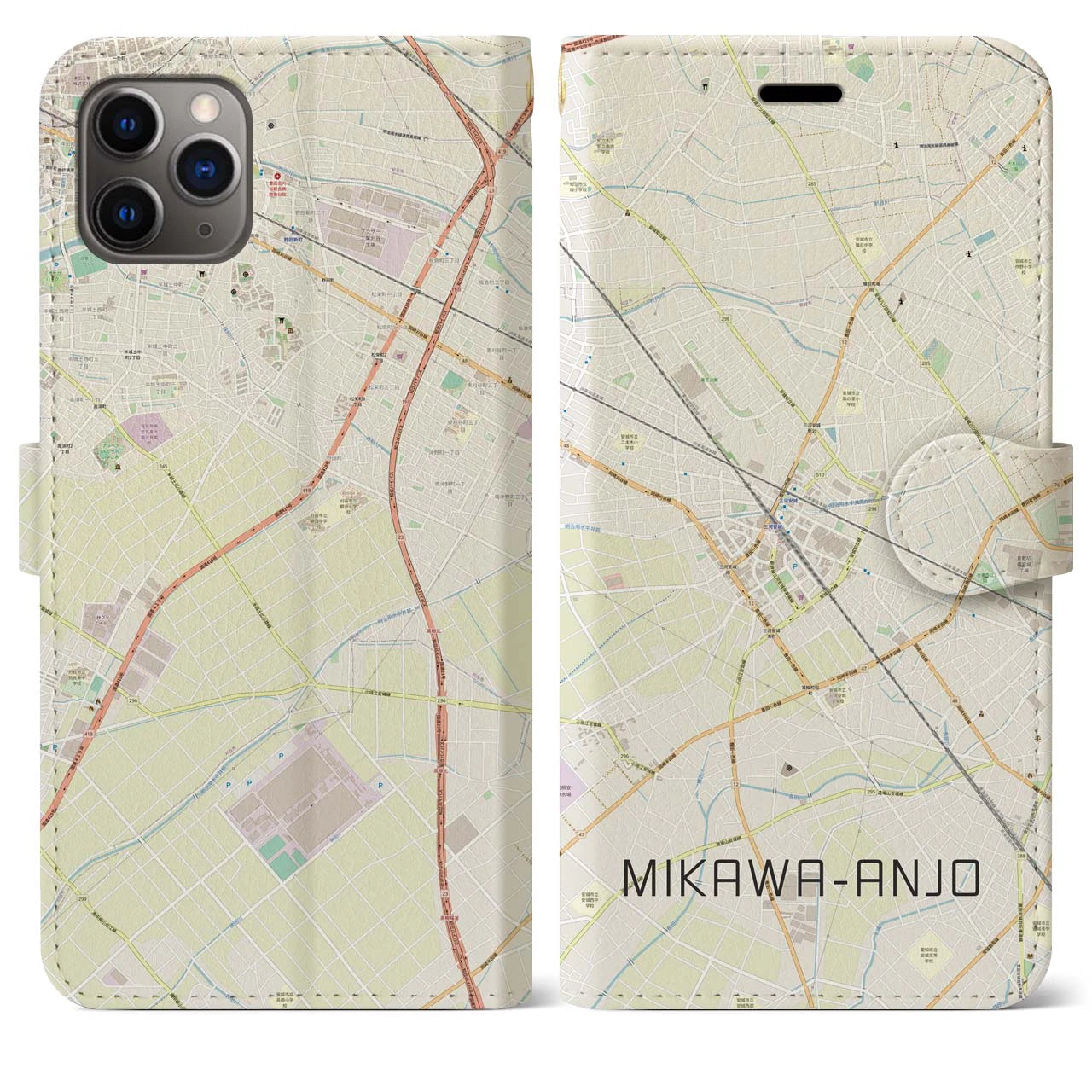 【三河安城(愛知県)】地図柄iPhoneケース(手帳タイプ)ナチュラル・iPhone 11 Pro Max 用