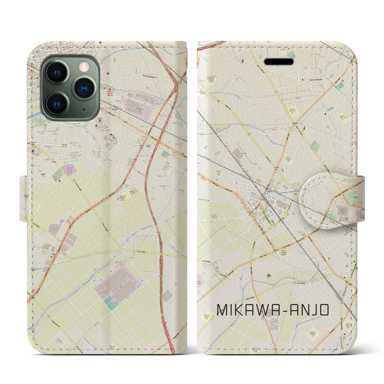【三河安城(愛知県)】地図柄iPhoneケース(手帳タイプ)ナチュラル・iPhone 11 Pro 用